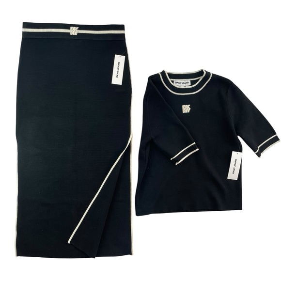 Dkny Dresses & Skirts - DKNY 2-PIECE SET Knit Slit Skirt & Shirt Black Eggnog Size XS MSRP$148 NWT